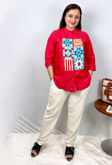 red linen shirt
