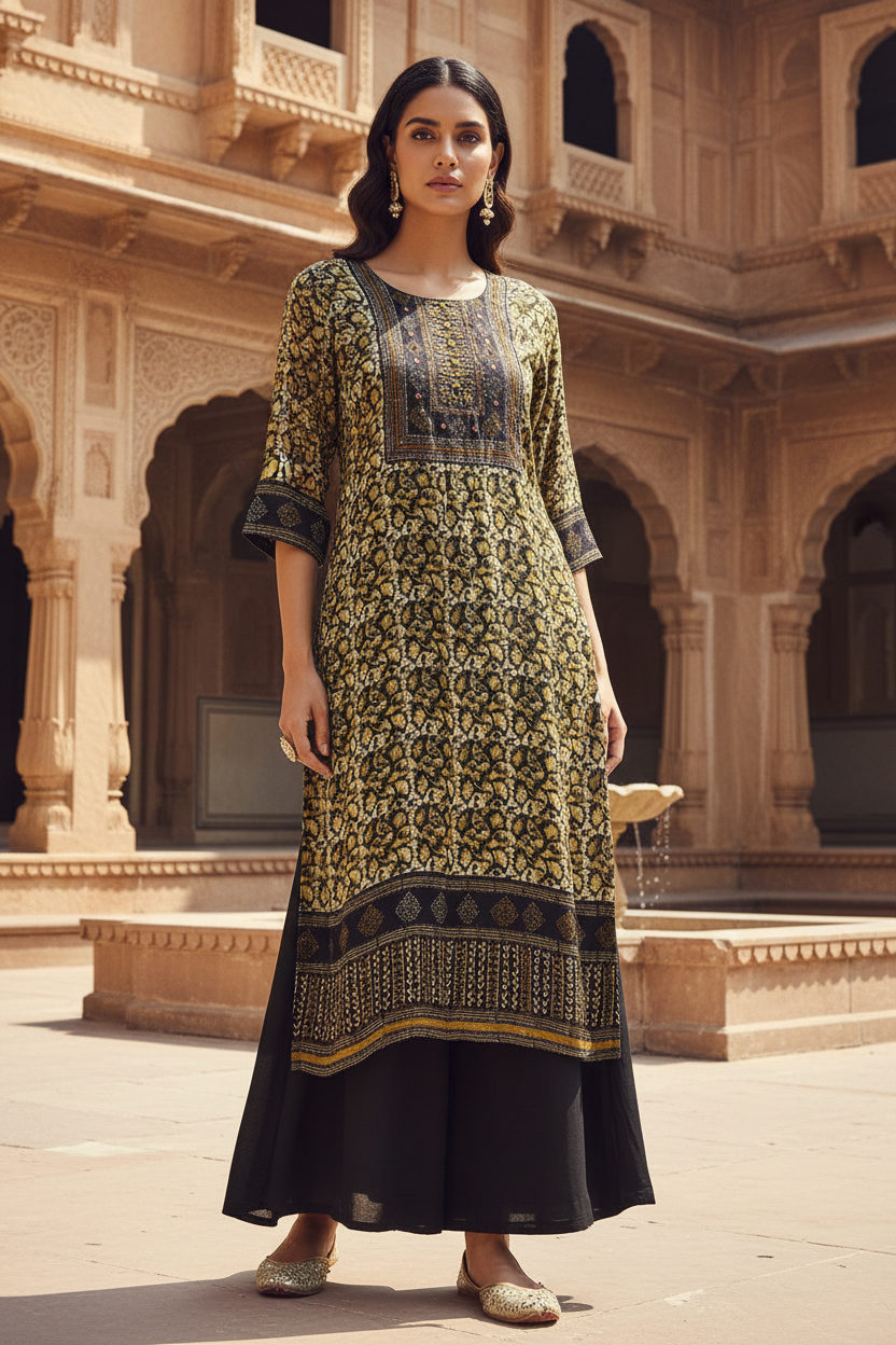 Silk Kurta with Black Palazzo - Haveli Courtyard