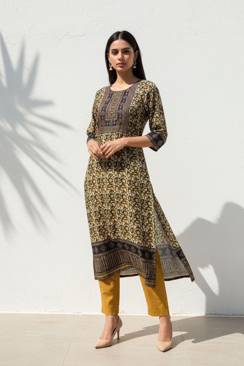 Silk Kurta with Mustard Pants - Whitewashed Wall
