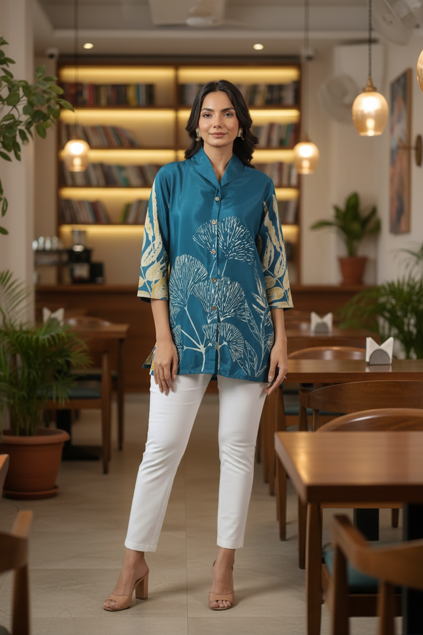 Teal Tunic - Wide Leg Pants - Café